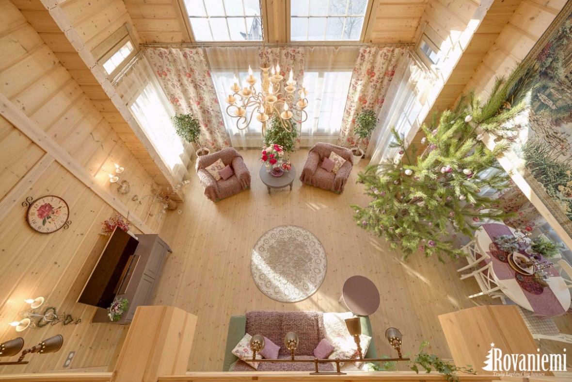 Светлая гостиная - интерьер финского деревянного дома Rovaniemi